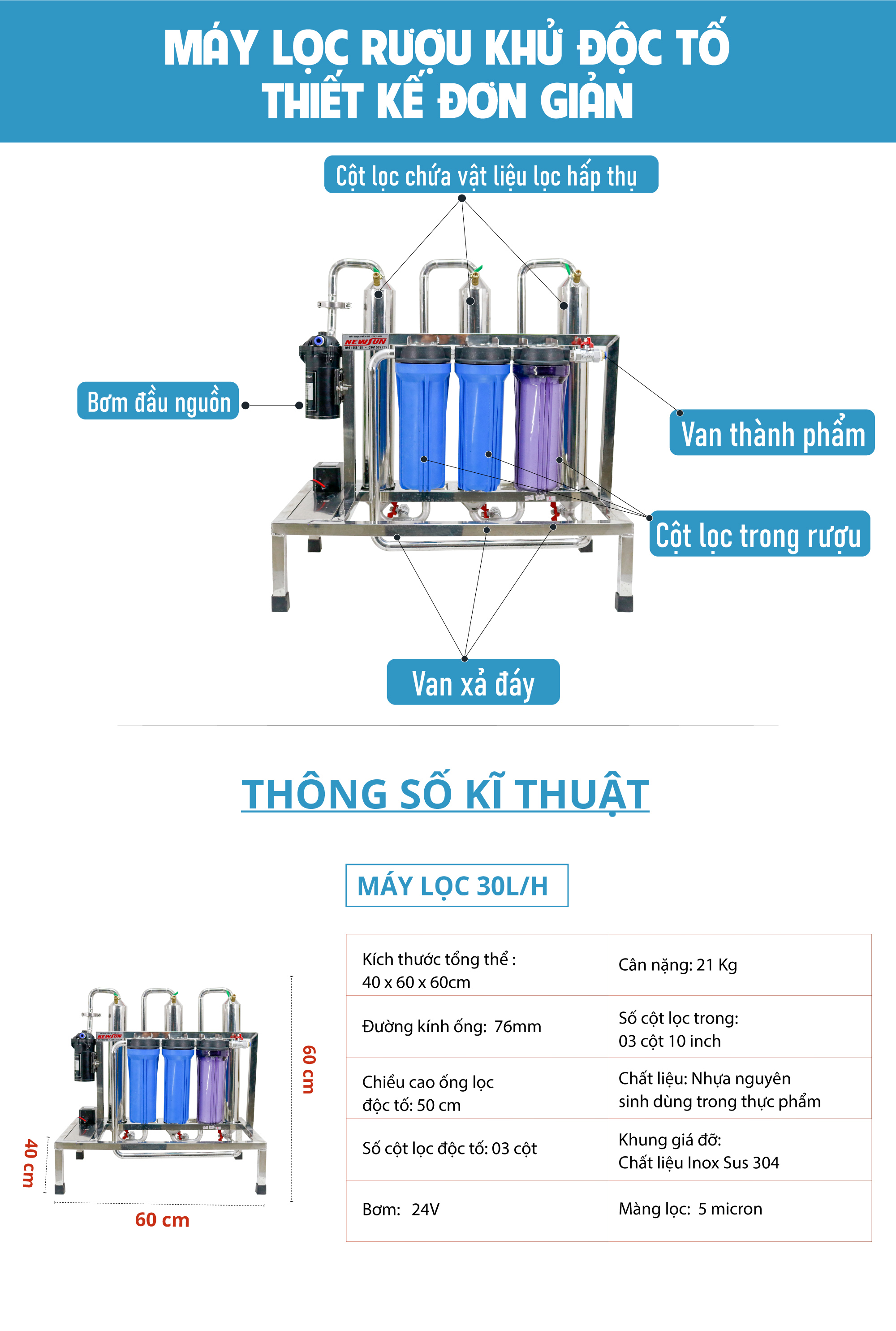 Máy lọc và khử độc tố methanol NEWSUN 30L/h lọc nhanh, thơm, ngon - Hàng chính hãng