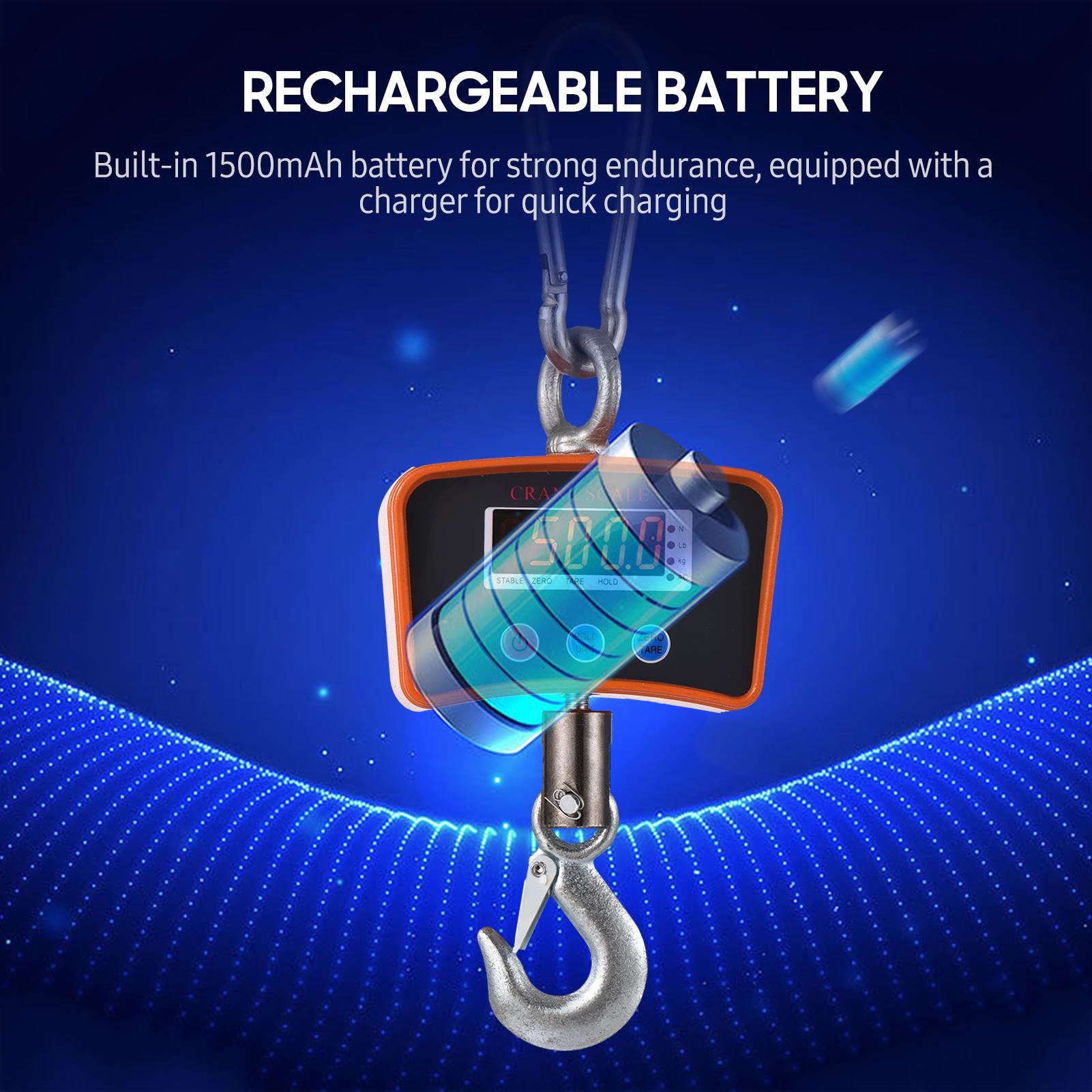 500kg/ 1102lbs Digital LED Hanging Scale Portable Heavy Duty Crane Scale 1500mAh Rechargeable Industrial Hook Scales Unit Change/ Data Hold/ Tare/ Zero for Construction Site Travel Market Fishing Outdoor Work