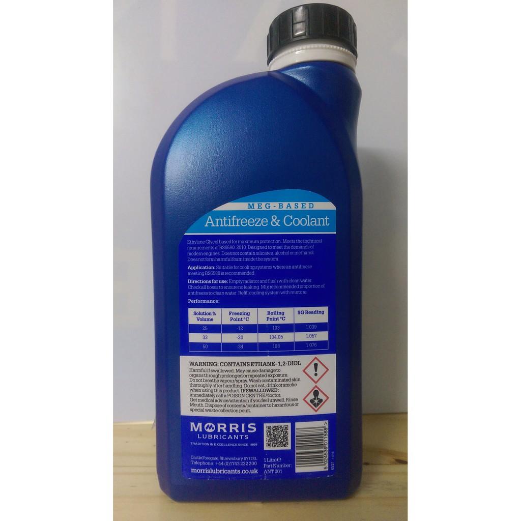 Nước làm mát động cơ màu xanh cho ô tô, xe máy Morris MEG Antifreeze and Coolant 1L