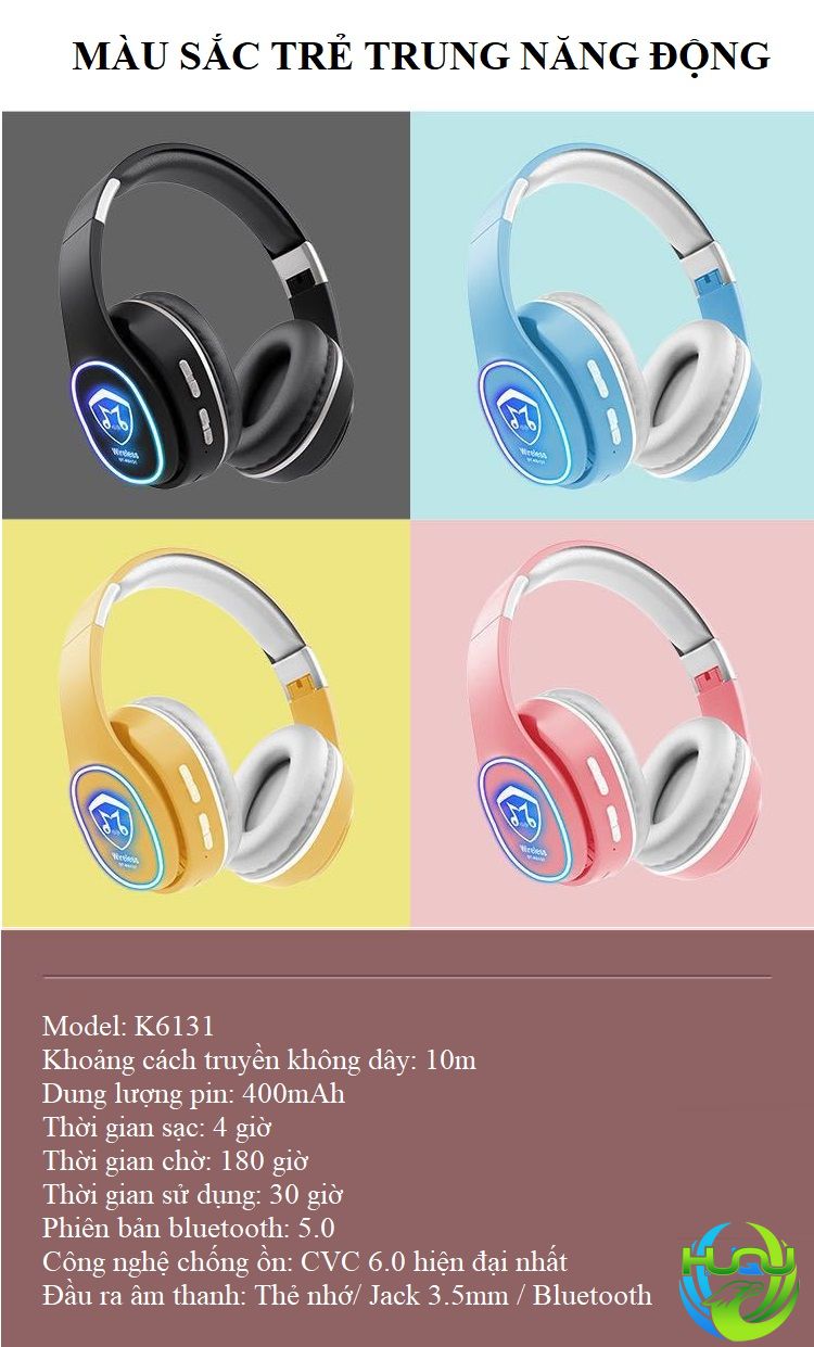 tai nghe bluetooth thời trang mới Huqu BT-K6131- màu sắc nổi bậc