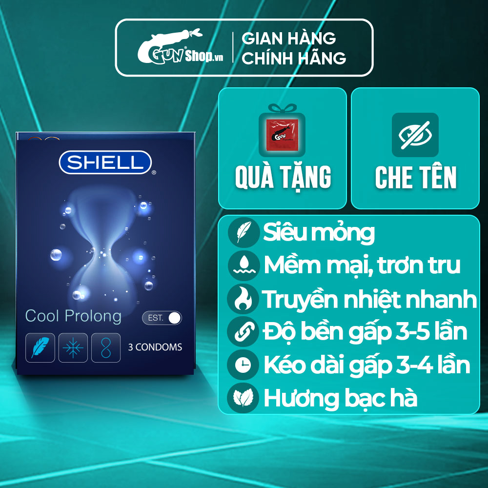 Bao cao su Shell Cool Prolong kéo dài thời gian, bạc hà mát lạnh - Hộp 3 cái