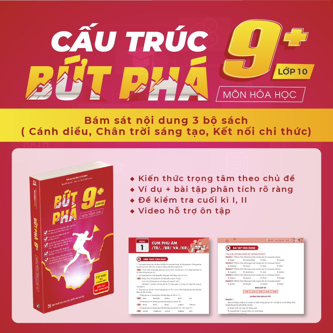 Combo 4 sách Bứt phá 9+ lớp 10 môn Toán, Hóa học, Vật lí, Tiếng Anh (theo chương trình GDPT mới)