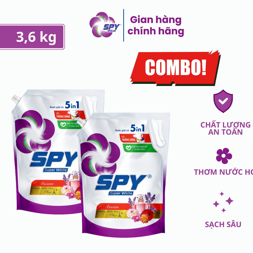 (New) Nước giặt xả SPY Super White hương Passion túi 3,6kg siêu trắng sáng hương thơm mát lưu hương dài lâu