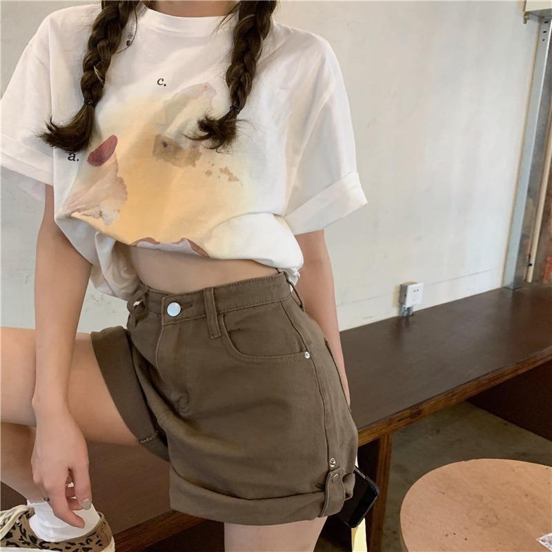 Quần Sooc nữ, quần short nữ jean lưng cao màu nâu tây