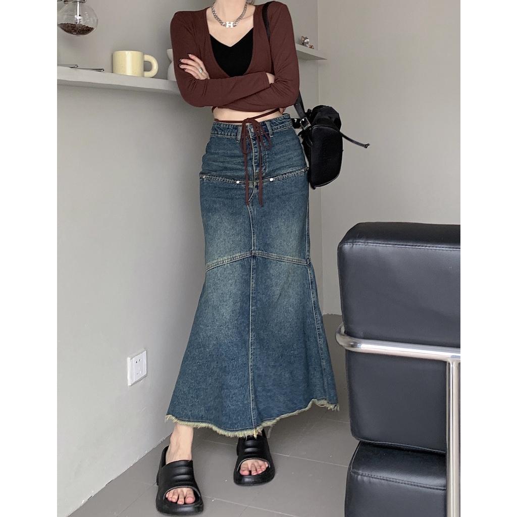 Chân váy bò dáng dài EMIX, denim, đuôi cá, dáng ôm, phối bèo dài, ulzzang Hàn Quốc 6857