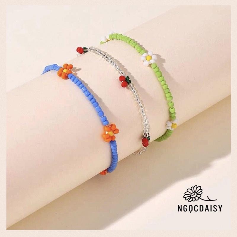 N85 Bộ 3 vòng tay handmade hạt Cườm hoa cúc Daisy nhiều màu và vòng tay cherry xinh xắn