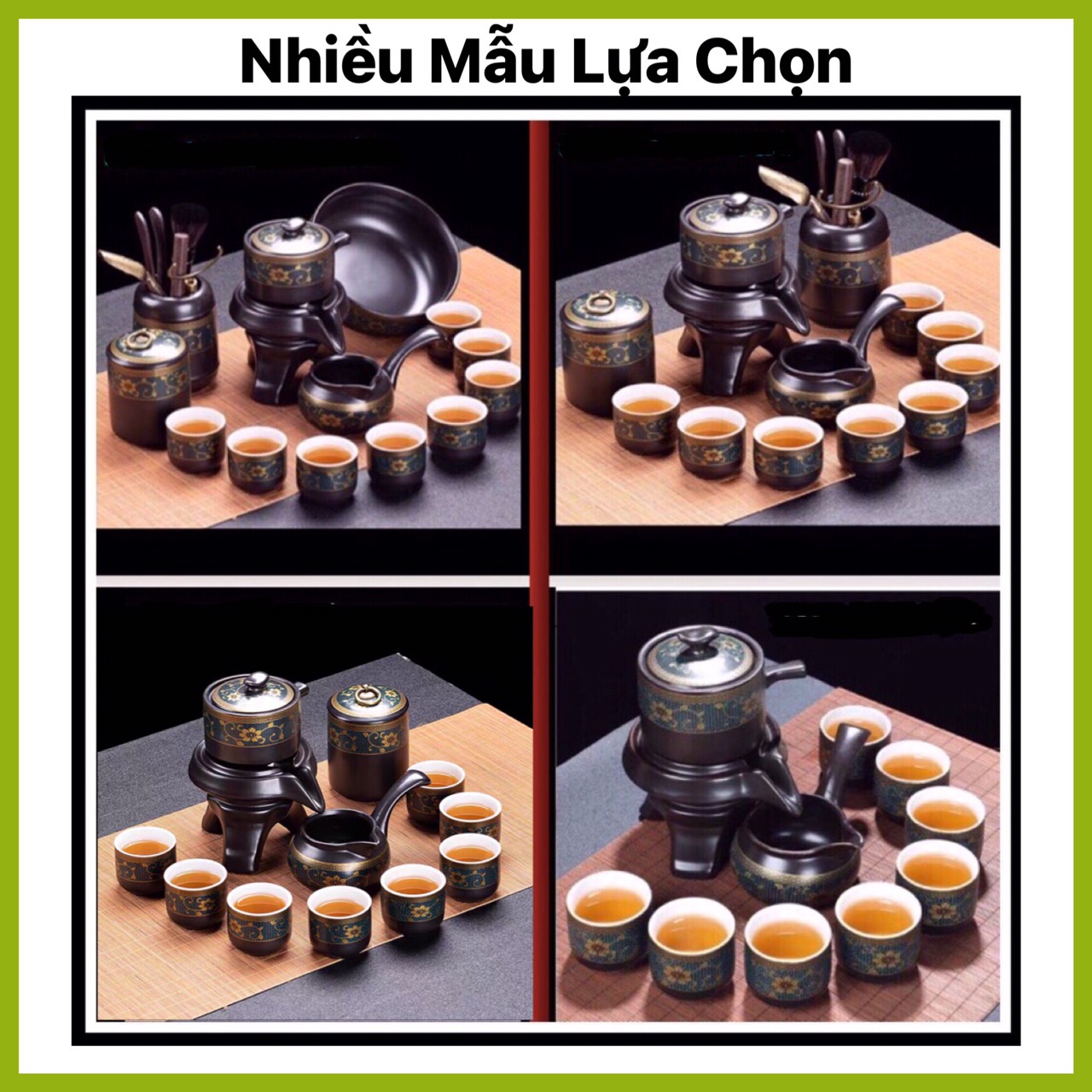 Bộ ấm chén pha trà đẹp Cối xay gốm sứ cao cấp,Bộ chén uống trà đạo 18 chi tiết hoa cẩm xanh lòng chén trắng