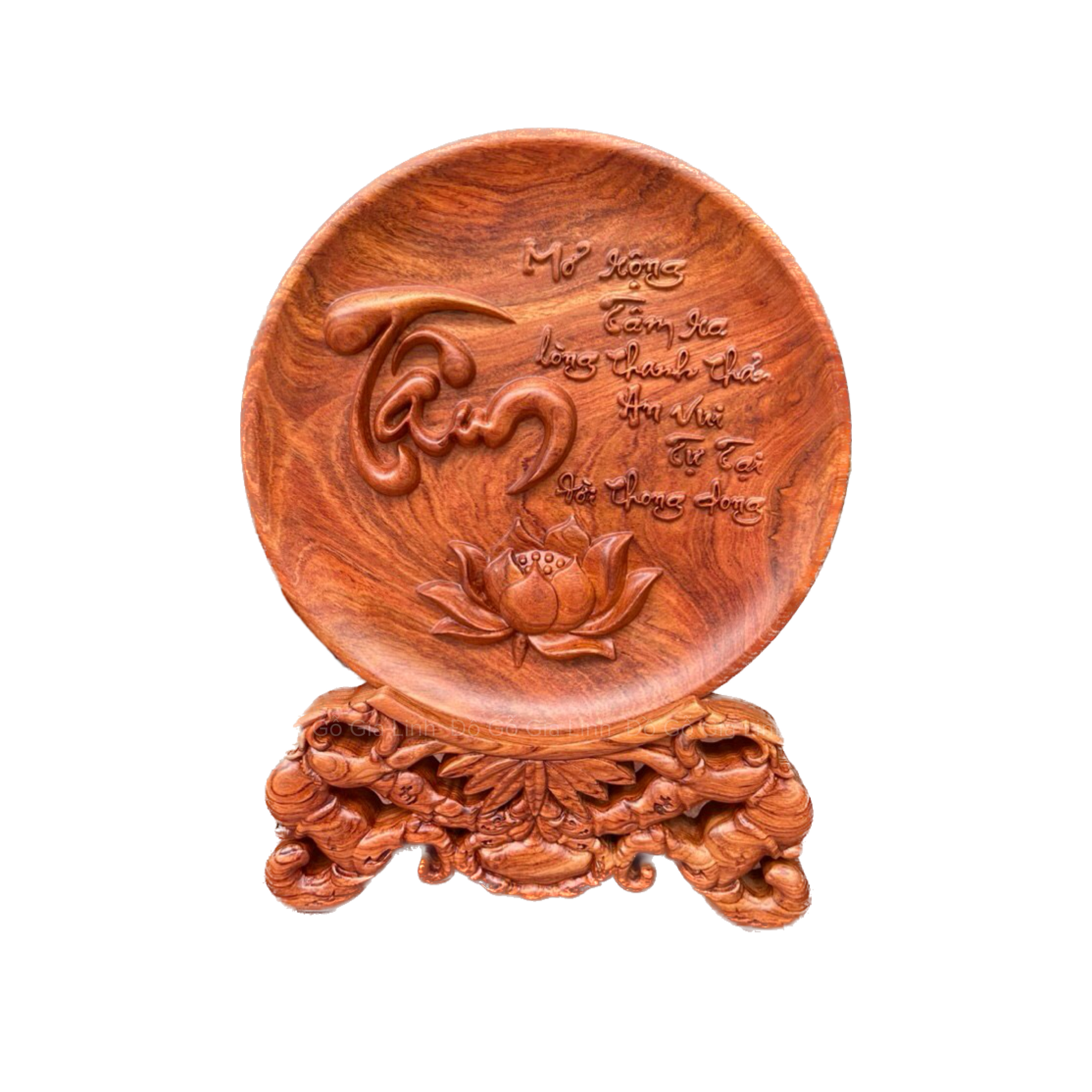 Đĩa gỗ chữ Tâm Đồ Gỗ Gia Linh gỗ Hương đá liền khối kèm chân đế