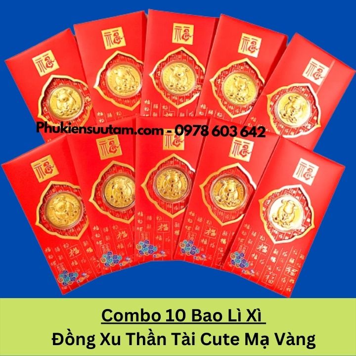 Combo 10 Bao Lì Xì Đồng Xu Thần Tài Cute Mạ Vàng, kích thước: 17cmx9cm, màu đỏ - SP005983