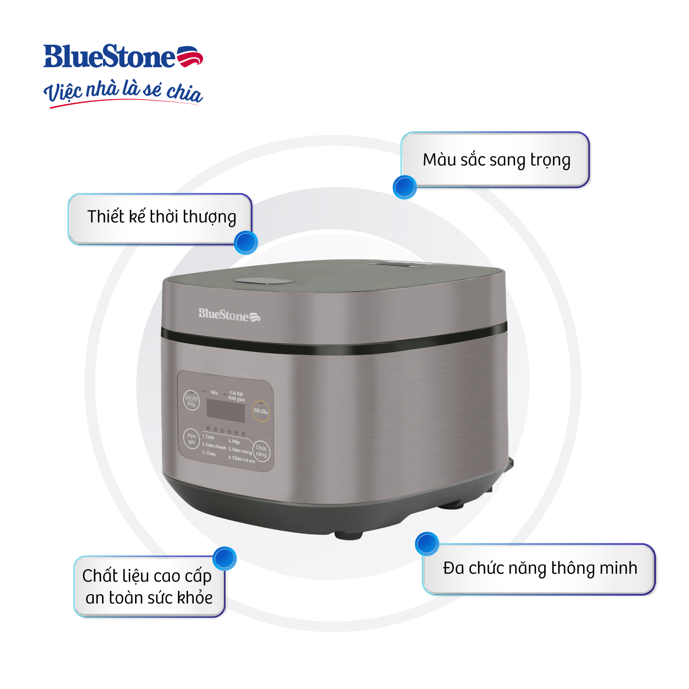 Nồi Cơm Điện Tử BlueStone RCB-5946 - Dung Tích 1,5 lít  - Công suất 860W - Lòng nồi phủ chống dính cao cấp an toàn sức khỏe - 6 chế độ cài đặt sẵn - Bảo hành 2 năm - Hàng chính hãng