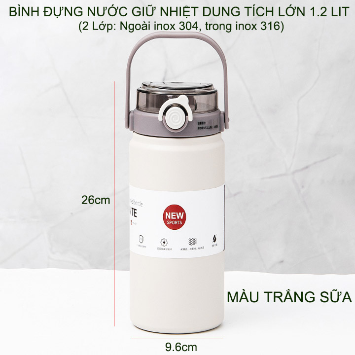 Bình đựng nước bằng inox 316, 2 lớp giữ nhiệt, dung tích 1.2 lít, có ống hút và quai xách