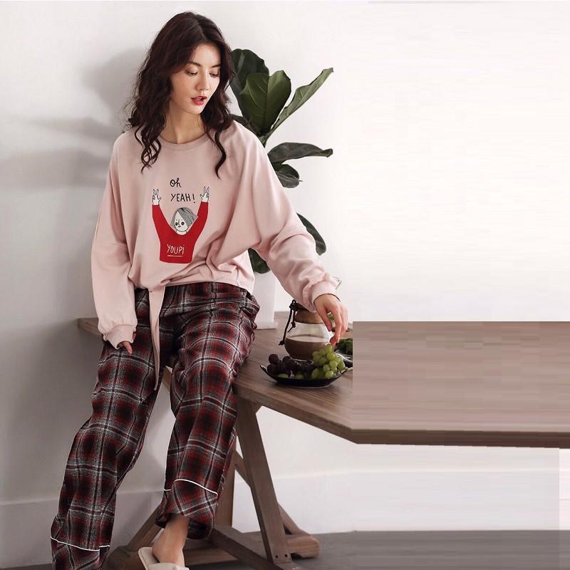 Bộ mặc nhà nữ dài tay vải thun cotton cột nơ quần kẻ