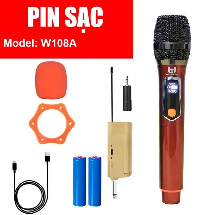 Micro Không Dây Pin Sạc W108, Mẫu Mới, chuyên dùng Karaoke cho Ampli, Loa Kéo, Sóng Mạnh, Hát Nhẹ