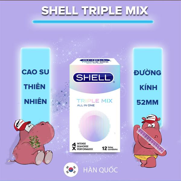 Bao cao su Shell Triple Mix - Siêu mỏng, mát lạnh, gân gai - Hộp 12 cái