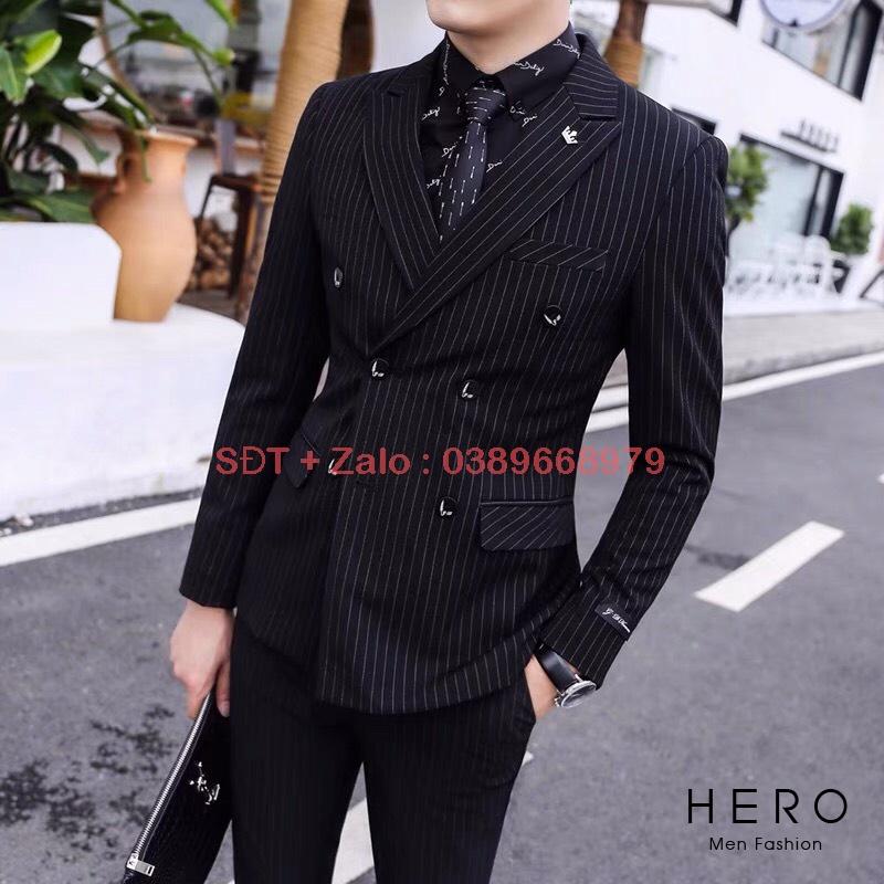 Bộ Vest Nam Cao Cấp 6 Cúc kẻ sọc màu đen, Suit Nam Hàn Quốc Kẻ Sọc, Fom Ôm Đẹp, Chất Vải Sịn