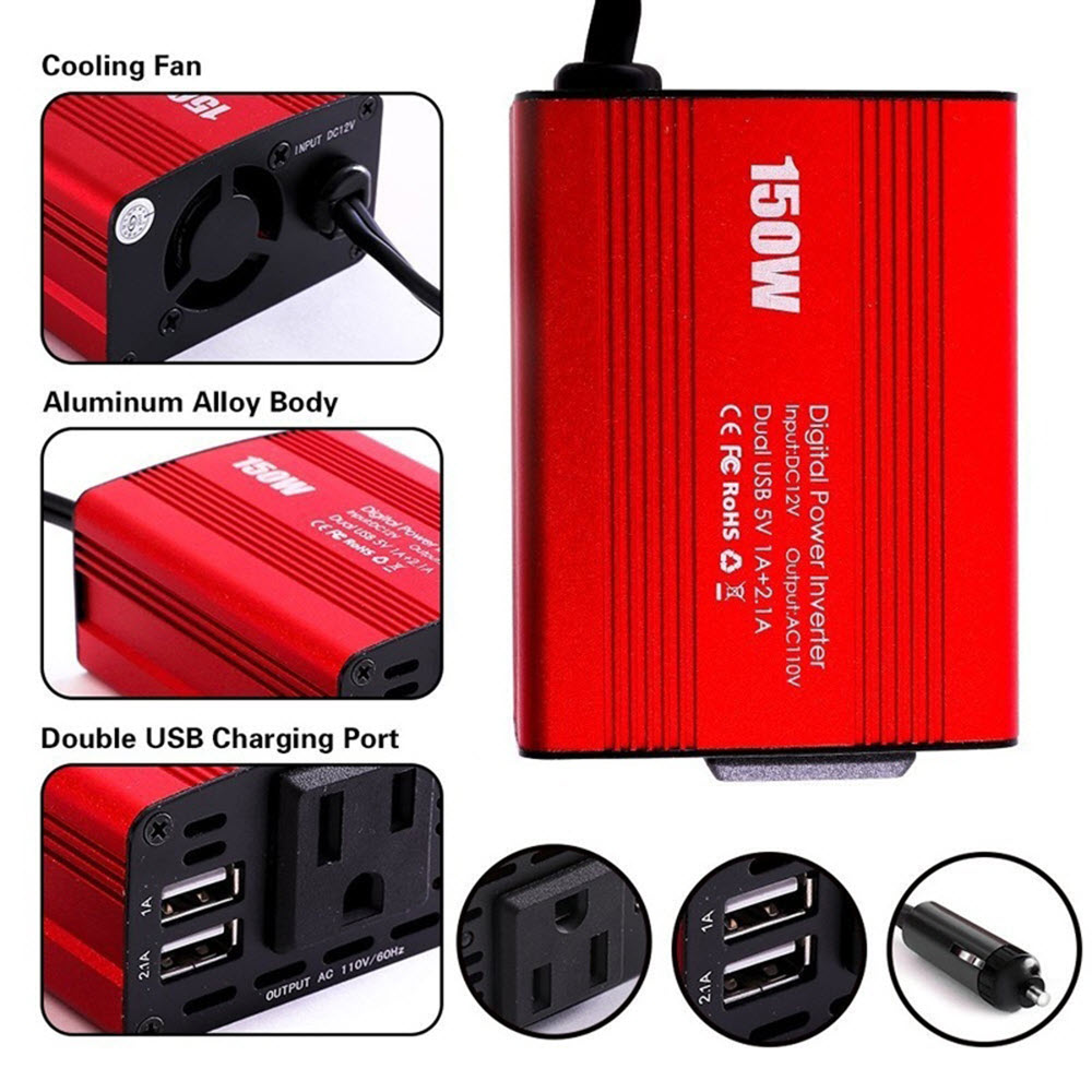 Bộ Chuyển Nguồn 12V ra 220V Dùng Trên Ô Tô Công Suất 150W với 2 Cổng Sạc USB 1A và 2.1A AnZ