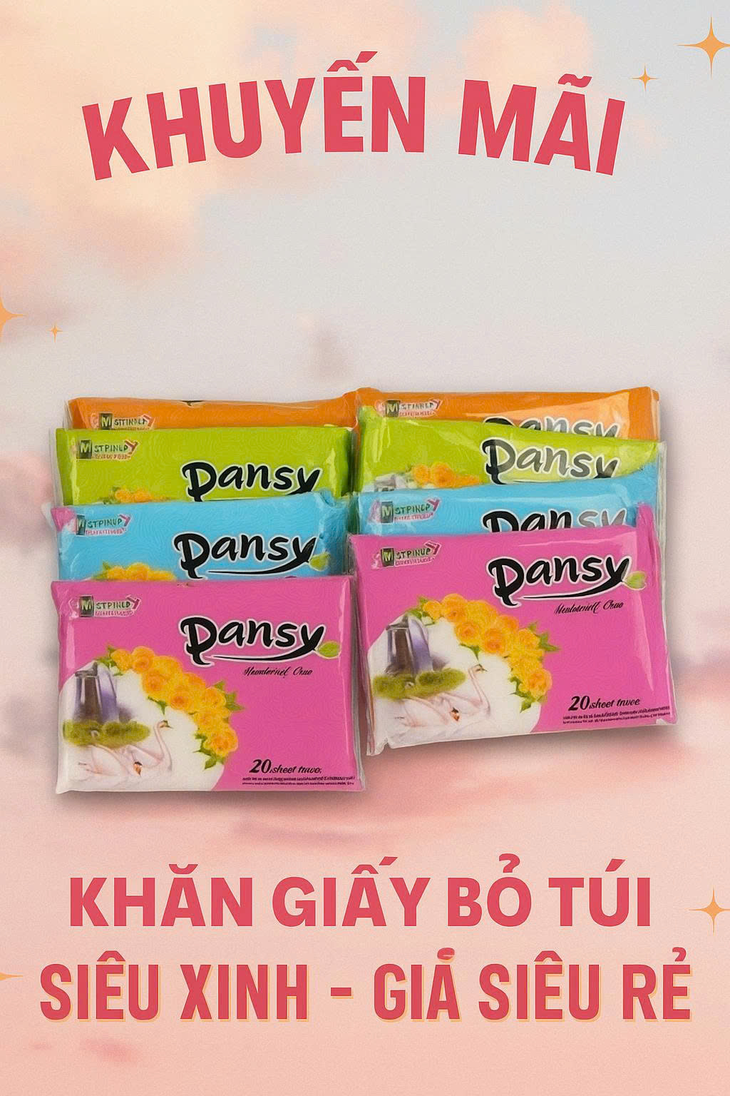 Lốc 10 gói khăn giấy khô PANSY dạng ví bỏ túi tiện dụng 20 tờ/gói, mềm mịn dùng 1 lần Giấy Ăn