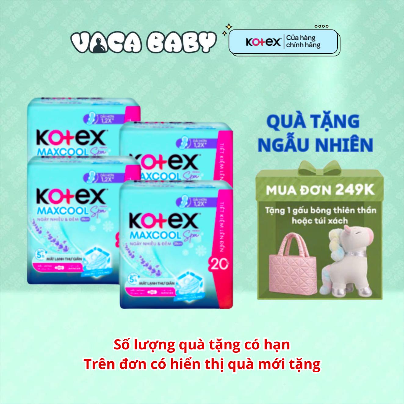 Combo 4 Gói Băng Vệ Sinh Kotex Maxcool French Spa Ngày Nhiều &amp; Đêm Siêu Mỏng Cánh 28cm 14 miếng