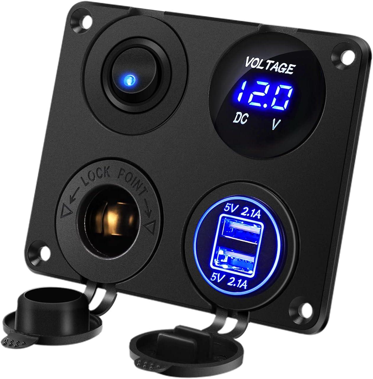 Bảng Công Tắc Sạc Xe Hơi 4 Trong 1, Chức Năng Sạc USB Kép + Vôn Kế LED + Công Tắc Bật/Tắt + Ổ Cắm Cho Tàu Biển