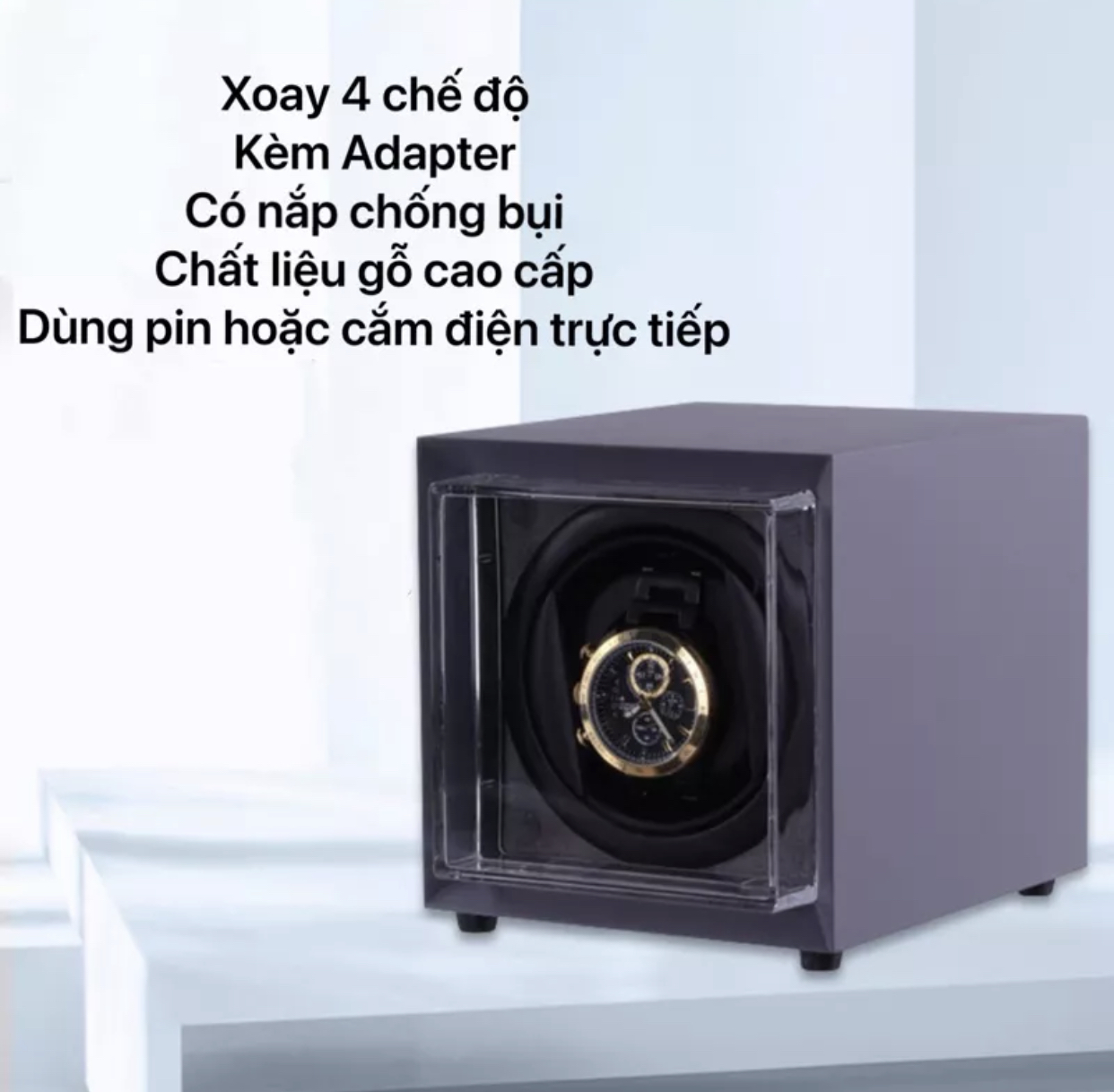 ￼Hộp Đựng Đồng Hồ Cơ Xoay Ngang Mẫu Mới 4 Chế Độ Xoay Chất Liệu Gỗ Phủ Sơn Cao Cấp