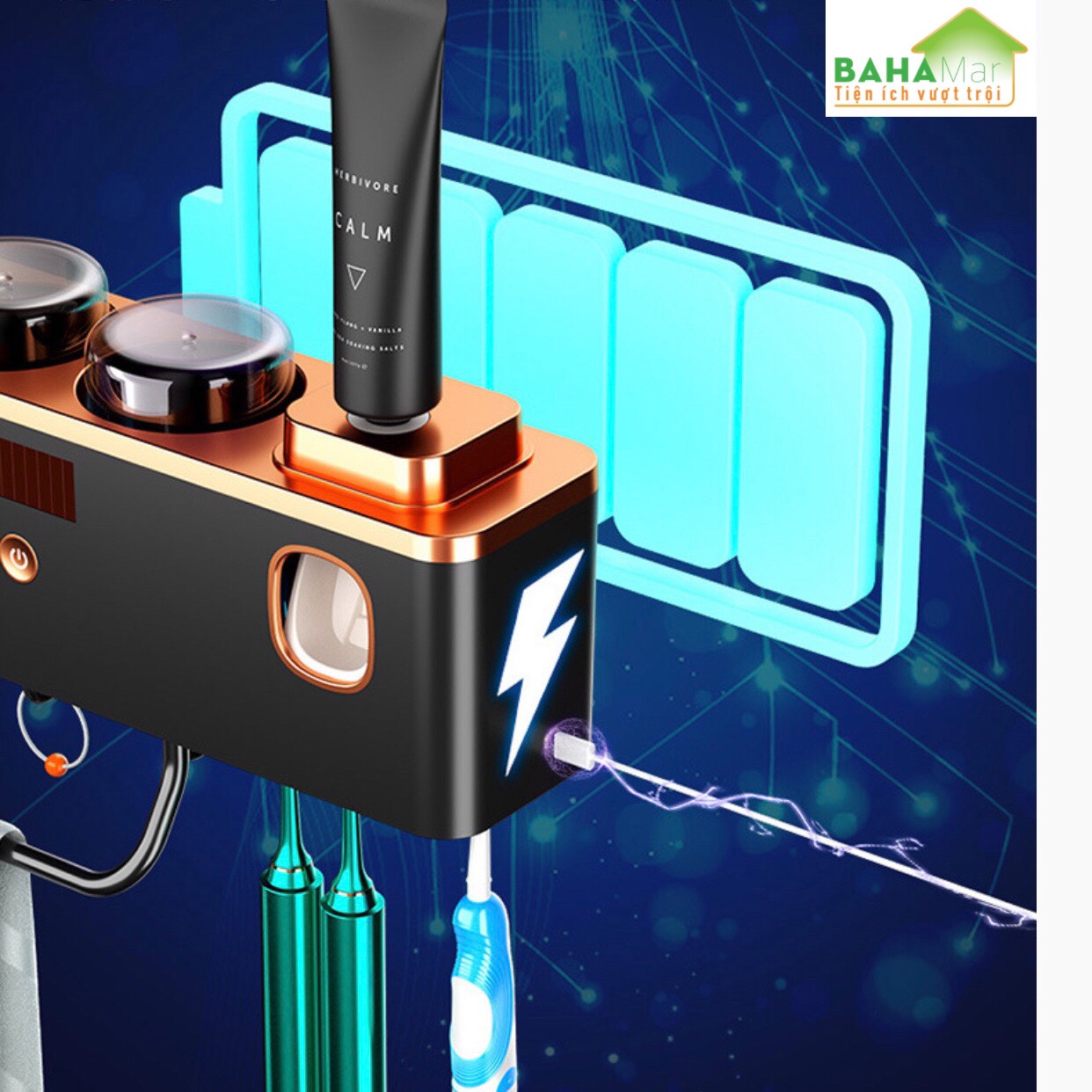 HỘP THÔNG MINH KHỬ TRÙNG BÀN CHẢI ĐÁNH RĂNG KHĂN MẶT CÓ 3 CỐC VÀ Ô VẮT KEM ĐÁNH RĂNG BAHAMAR tia cực tím khử trùn