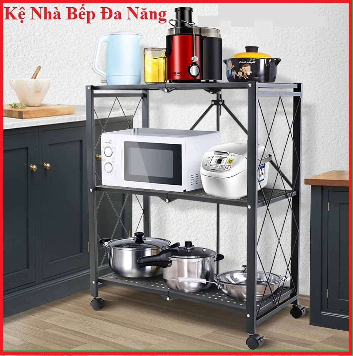 Kệ Để Đồ Đa Năng đựng Đồ Nhà Bếp - Không cần lắp ráp- Gấp Gọn dễ dàng- Có bánh xe xoay 360*