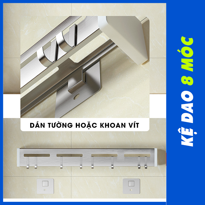 Giá kệ để dao, đũa, thớt INOX 60cm, giá treo đa năng nhà bếp kèm 8 móc