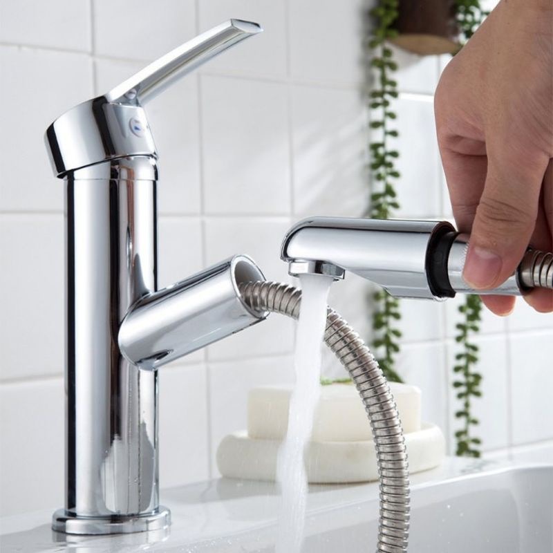 Vòi Lavabo mỏ rút nóng lạnh cao cấp màu bạc