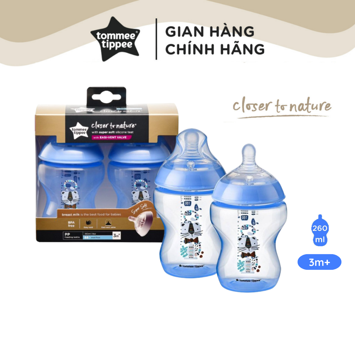 Bình Sữa Ty Siêu Mềm Tự Nhiên Tommee Tippee Closer To Nature 260ml, Núm Ty Của Bình 3-6 Tháng – Xanh Dương (Bình Đôi)
