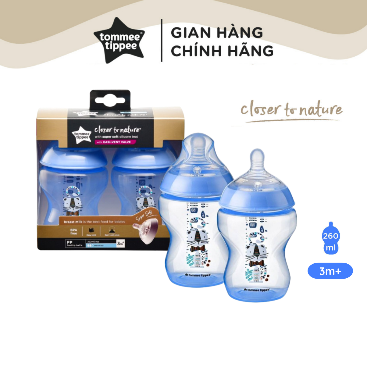 Bình Sữa Ty Siêu Mềm Tự Nhiên Tommee Tippee Closer To Nature 260ml, Núm Ty Đi Kèm 3-6 Tháng – Xanh Dương (Bình Đôi)