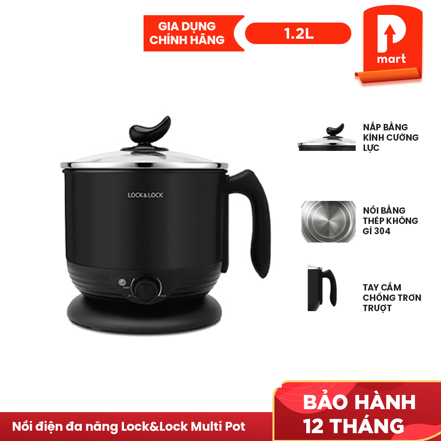 Nồi Điện Đa Năng Lock&amp;Lock EJP316BLK (1.2 Lít), nắp kính cường lực, lòng nồi inox 304,an toàn sức khỏe - Hàng Chính Hãng