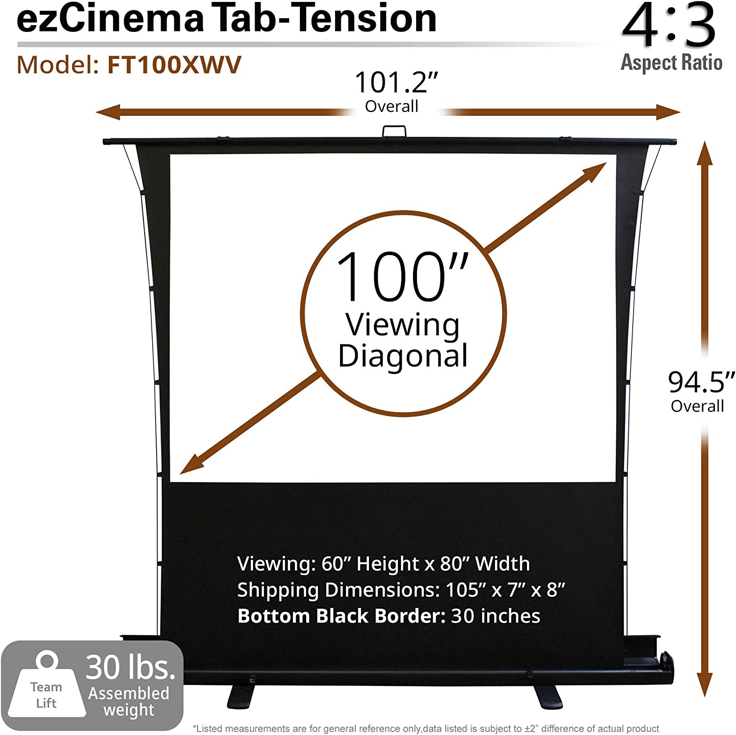 Màn Chiếu Elite Screens Dòng ezCinema Tab-Tension (Kéo Căng ), 100 inch Tỷ lệ Khung Hình 4:3 (Vùng hiển thị 151.9 x 202.9 cm) 1.1 Gain (FT100XWV) – Hàng Chính Hãng