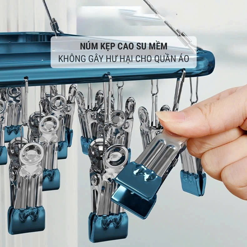 Móc Chùm 24 Kẹp Móc Tròn Vuông Inox Phơi Quần Áo Trẻ Em, Đệm Cao Su Chống Trượt, Treo Tất, Khăn, Đồ Lót Cao Cấp - HÀNG CHÍNH HÃNG MINIIN