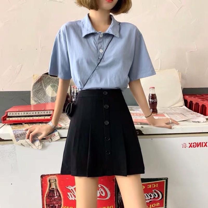 Chân váy nữ ngắn phối 5 khuy, vạt trước xếp ly, kèm quần trong chất tuyết mưa