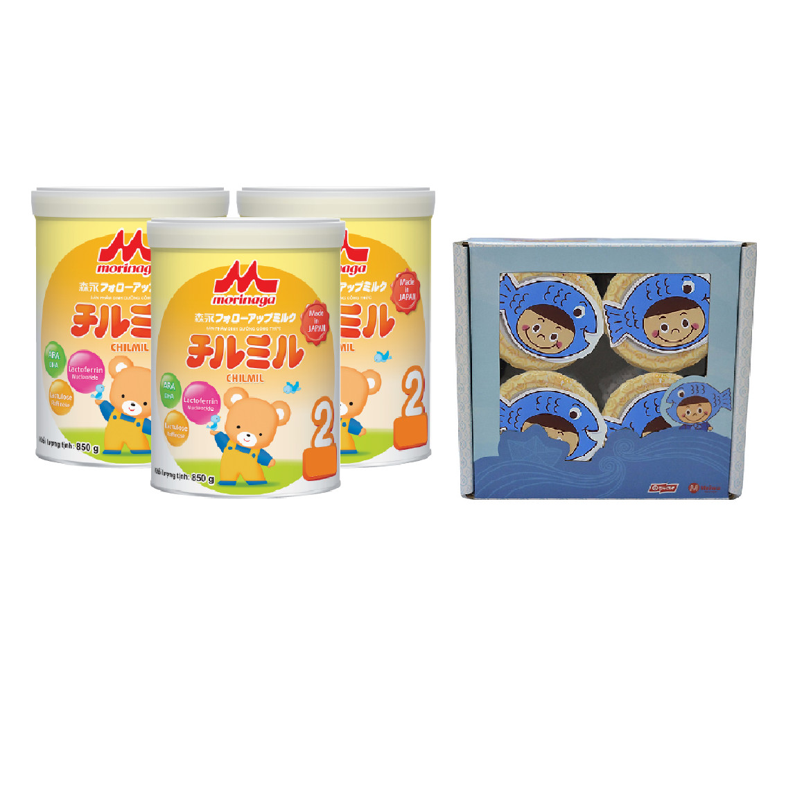 Combo 3 hộp sữa Morinaga số 2 Chilmil 850gr và 4 hủ ruốc cá hồi