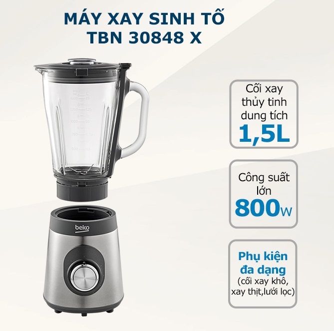 Máy xay sinh tố để bàn Beko TBN 30848 X (800 W, 1.5 L) - Hàng chính hãng