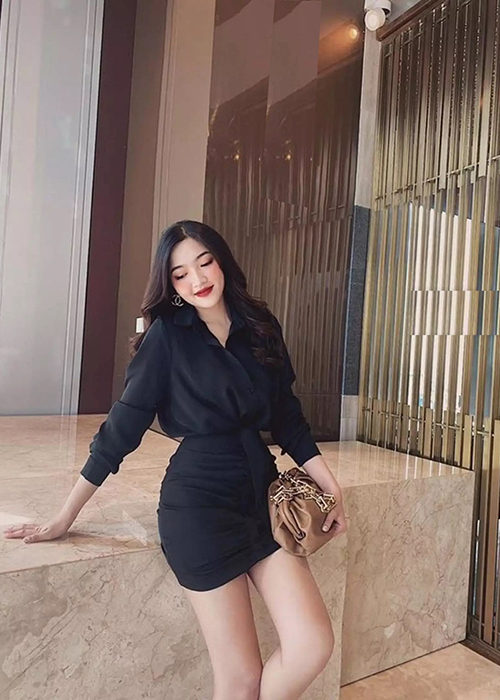 Set Lụa Layi Áo Sơ Mi Thắt Nơ Và Chân Váy Kèm Quần Lót Trong