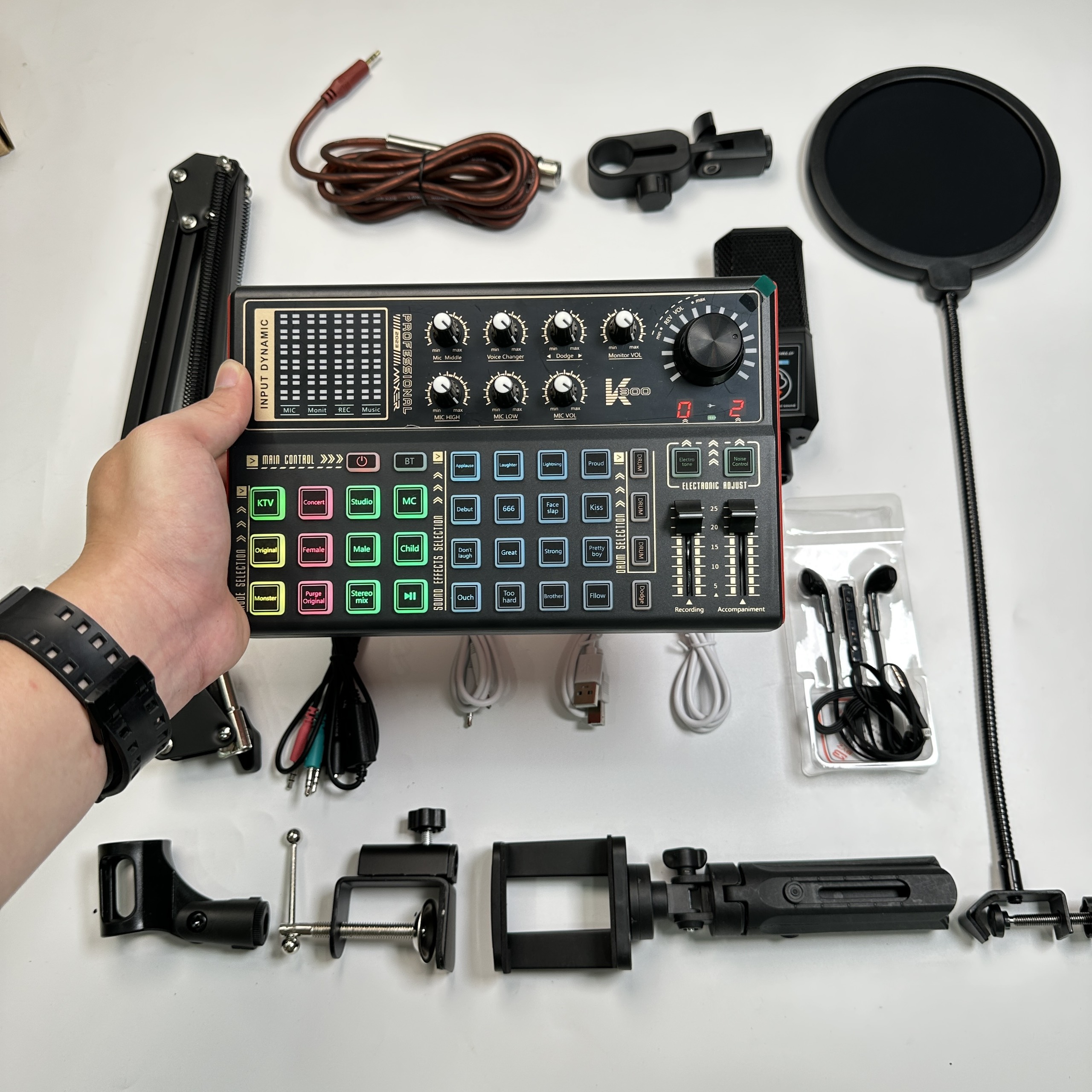 Combo Livestream Thu Âm Mic ALC 280 Sound Card K300 Bluetooth autotune Chân Kẹp Mic Tai nghe chụp
