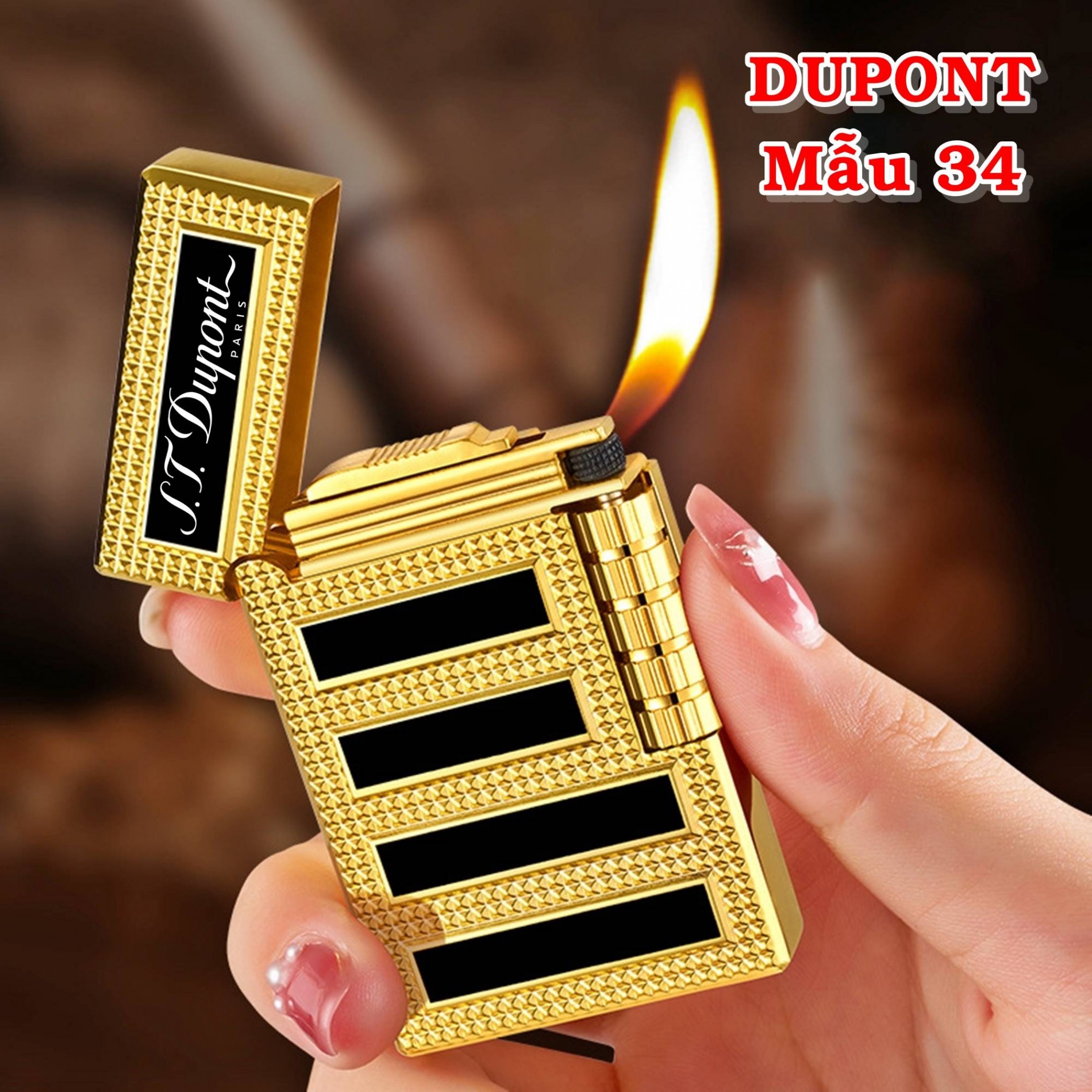 Hột quẹt bật lửa Dupont vân kim cương sọc đen ngang M34 (S.T. DUPONT) - xài gas