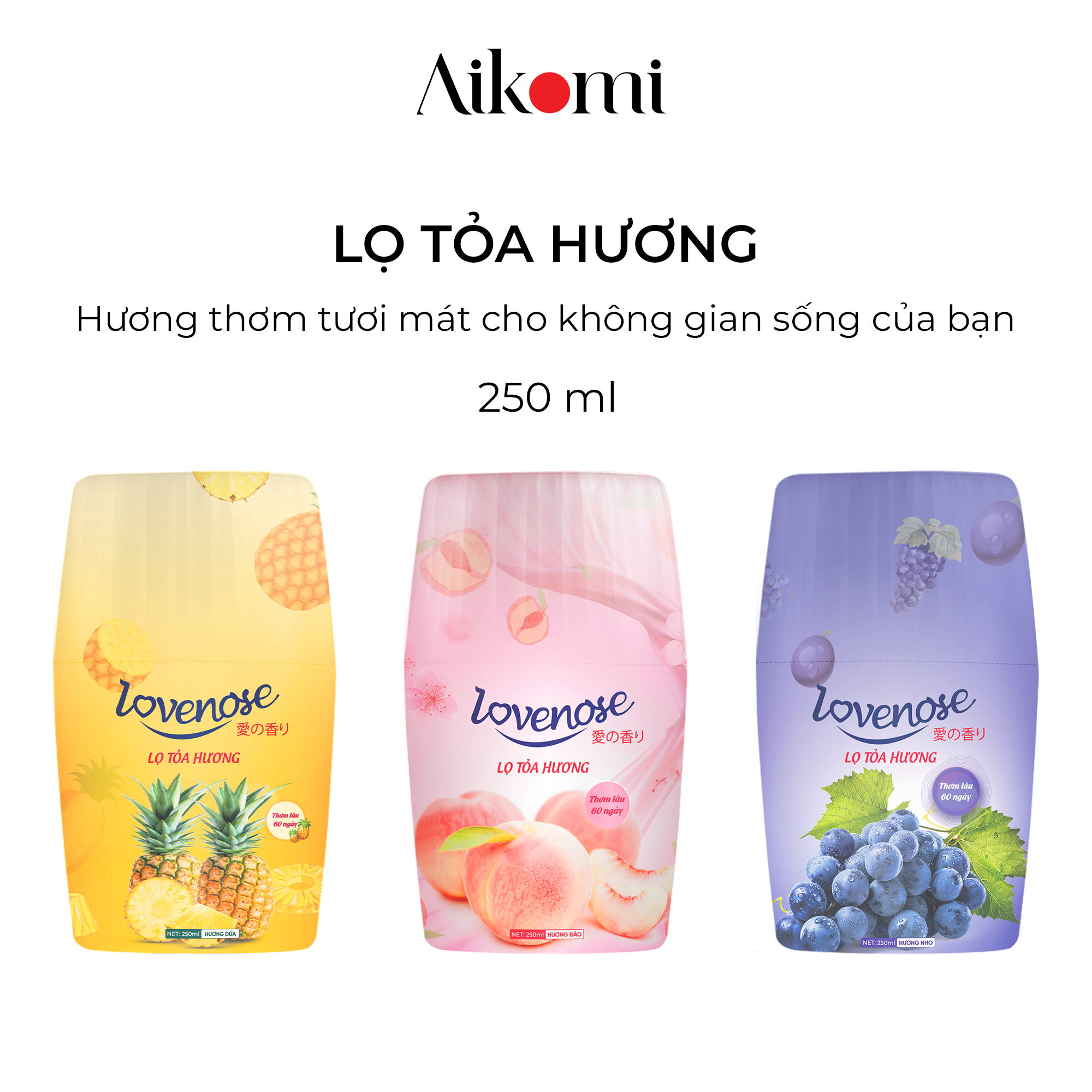 Lọ tỏa hương Lovenose thơm 60 ngày, an toàn, thanh lọc không khí, sáp khử mùi phòng thế hệ mới 250ml