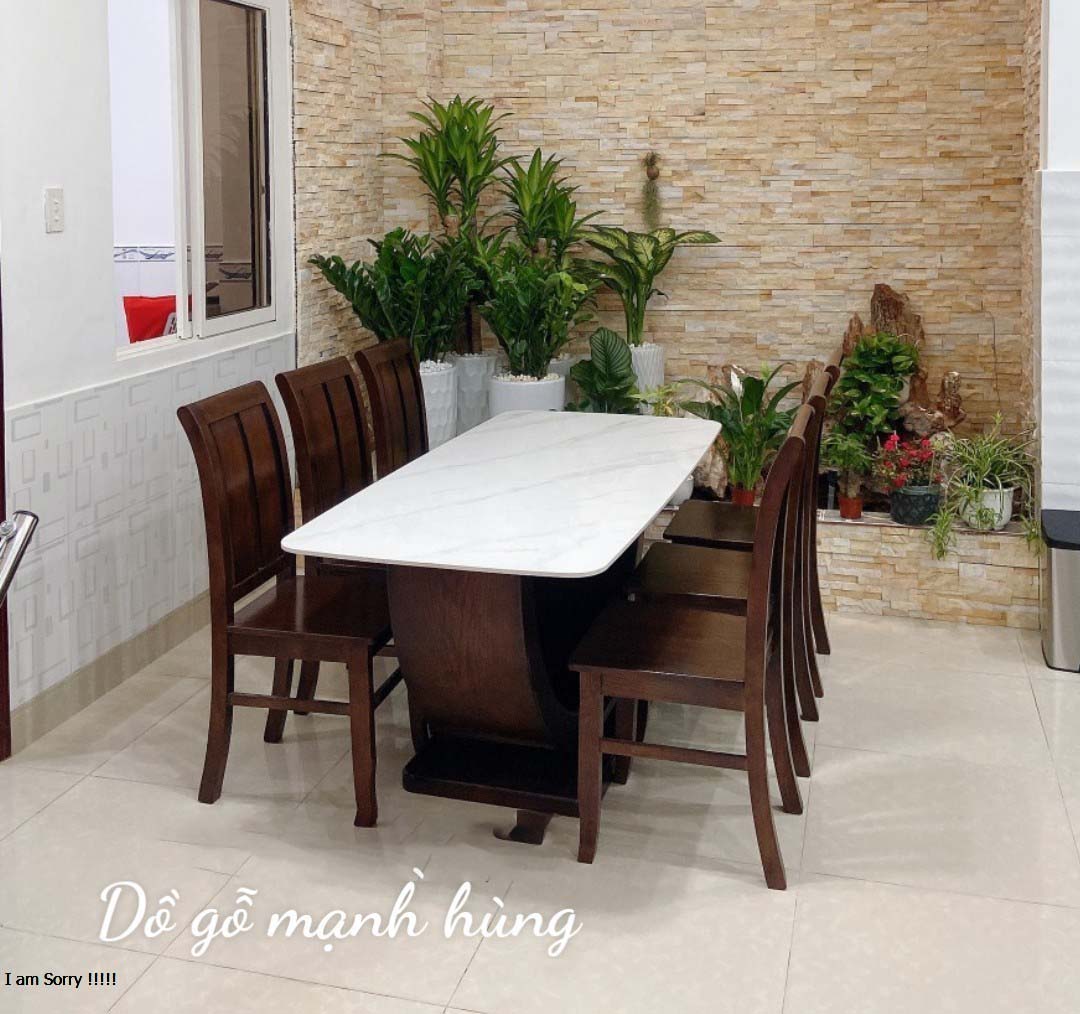 Bộ bàn ghế ăn mặt đá 6 ghế bàn chân cong