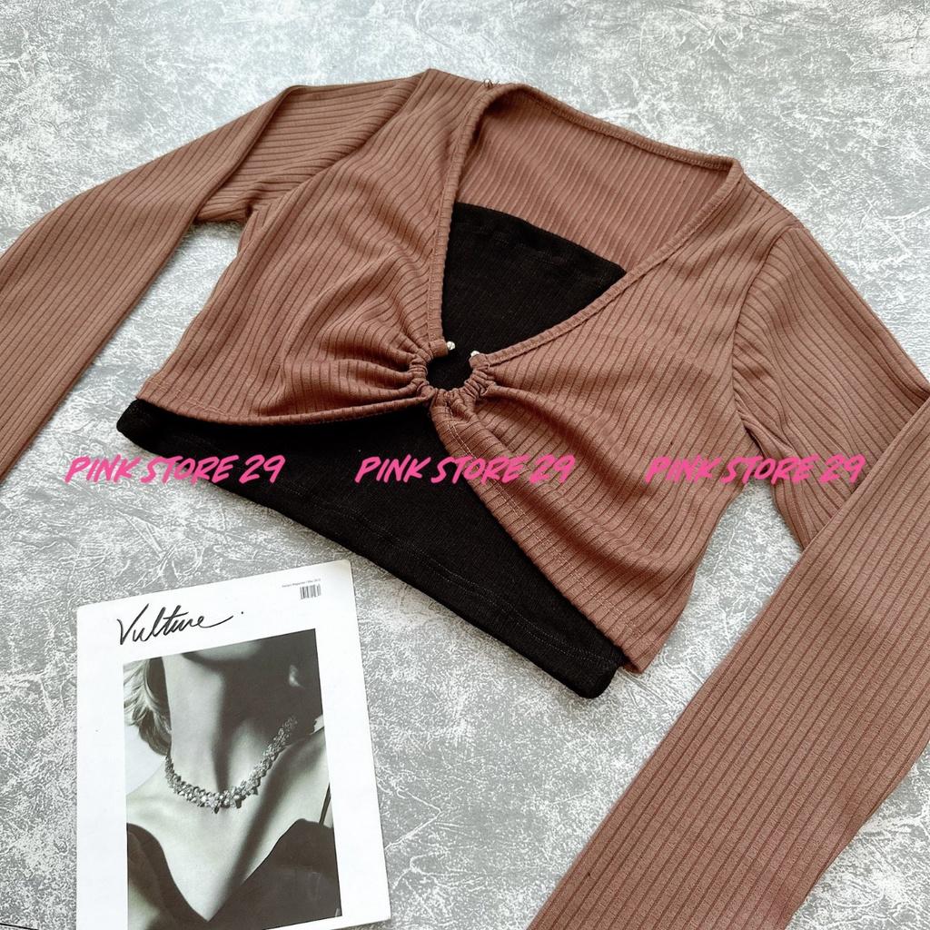 Áo croptop tay dài PINKSTORE29 lót áo 2 dây dáng ôm khoen tròn ngực A5486
