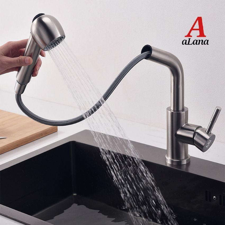 Vòi rửa chén bát nóng lạnh dây rút cắm chậu OS621 inox 304 nguyên khối cao cấp -tặng kèm 02 dây cấp nóng lạnh Inox dài