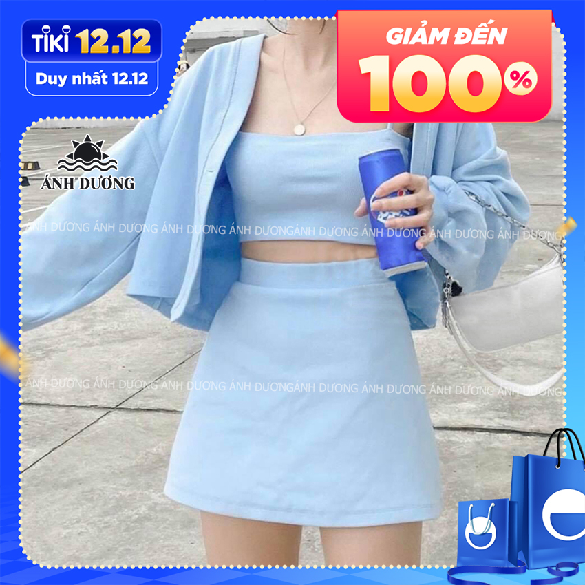 Set 3 món áo 2 dây, chân váy chữ A và áo khoác 3 màu vải umi (áo trong có mút)