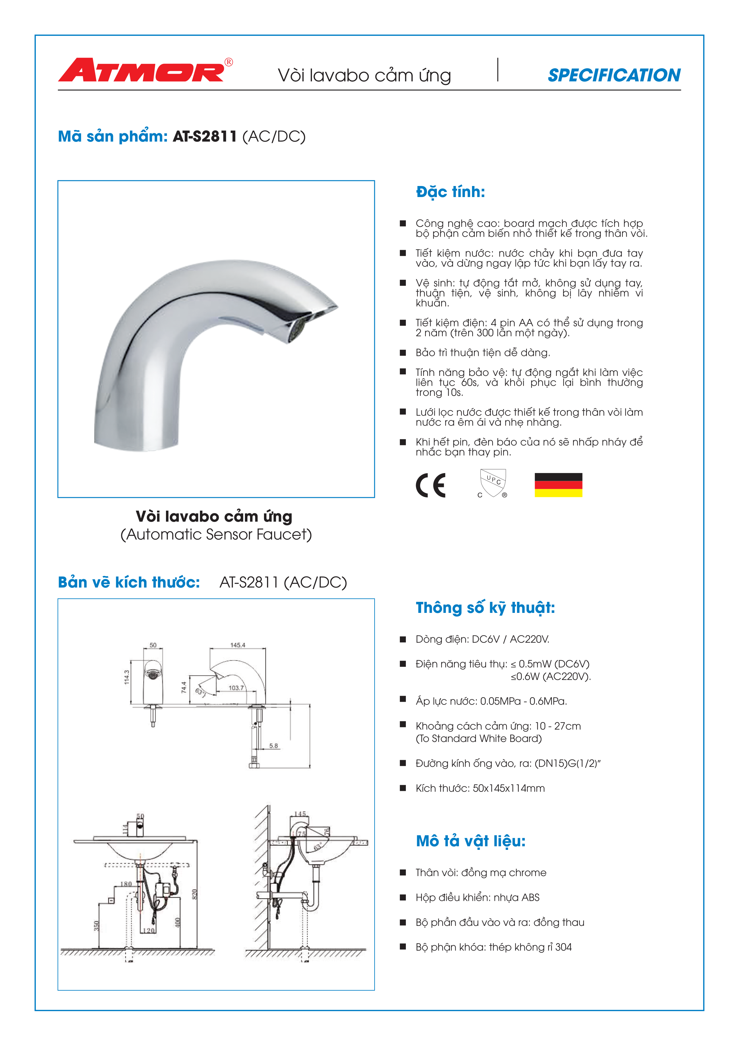 Vòi lavabo cảm ứng ATMOR AT-S2811 (AC/DC) (HÀNG CHÍNH HÃNG)