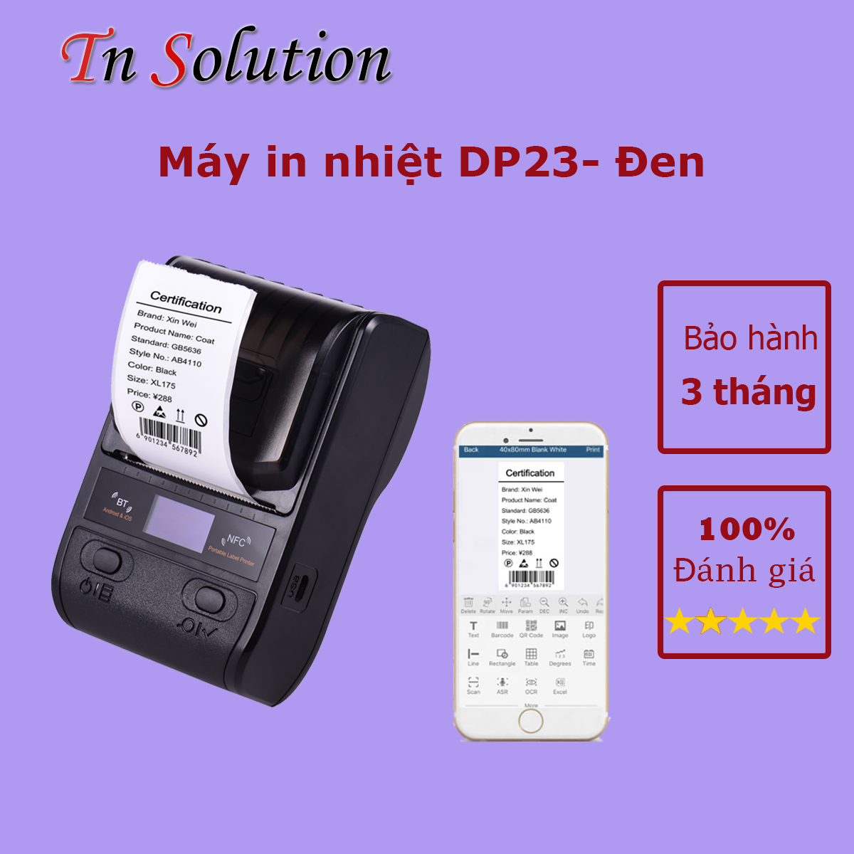 Máy in nhiệt DP23 in bill, tem nhãn mã vạch cầm tay bluetooth - hỗ trợ nhiều mẫu cho điện thoại