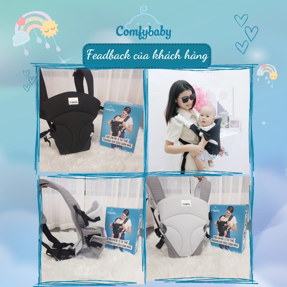 Địu em bé 3 tư thế có đỡ cổ sơ sinh - THOÁNG KHÍ-CHỐNG GÙ cho bé ComfyBaby CF-BK010 siêu gọn nhẹ - bảo hành 12 tháng