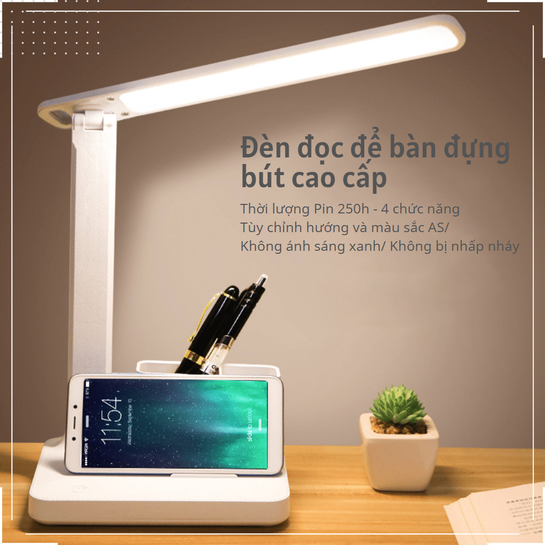 Đèn Học để bàn Đựng bút cao cấp Pin sạc 2400mAh 3 nhiệt độ màu Làm mờ vô cấp