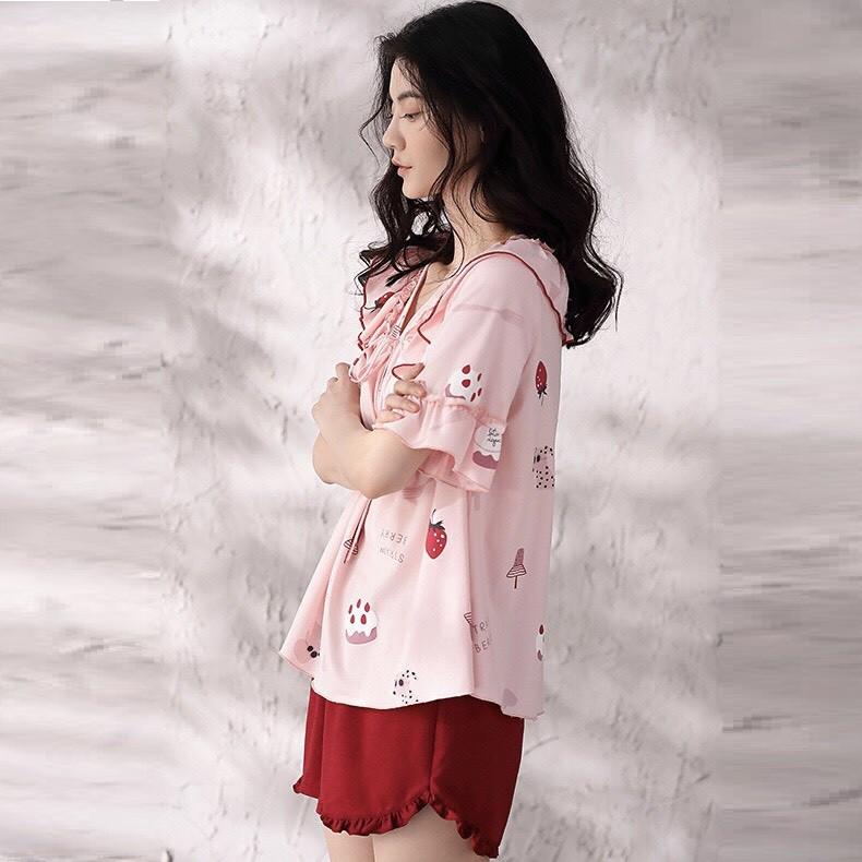 Bộ mặc nhà nữ thun cotton cổ viền bèo thắt nơ
