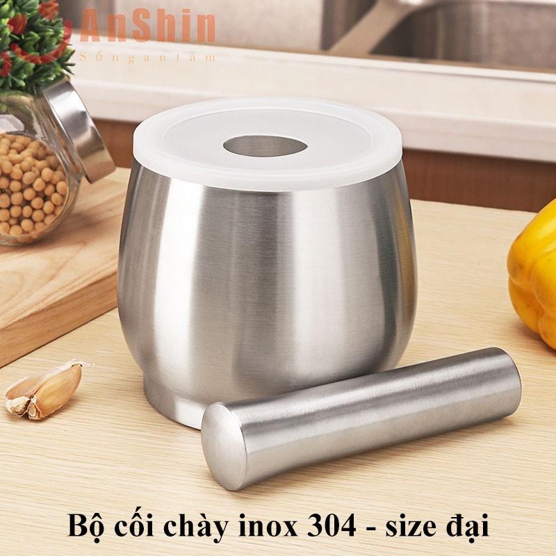 Cối Inox 304 cỡ to - Chày cối Inox 304 cao cấp AnShin hàng đúc nguyên khối không vết hàn - kiểu dáng hình trống